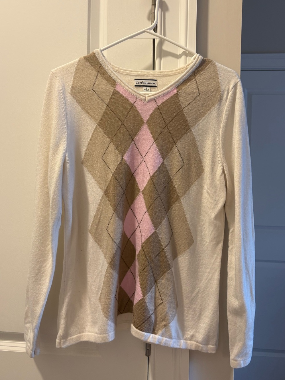 croft & barrow Cream Sweater with Pink and Brown Argyle